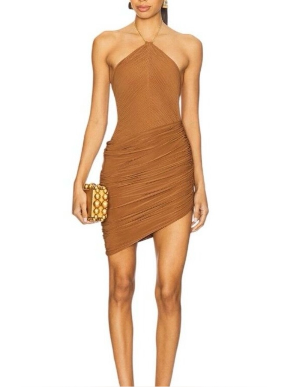 Ronny Kobo Delphine Dress Small Brown Ruched Halter Mini Bodycon Cocktail Dress